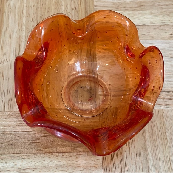 Murano Style Art Glass Controlled Bubble Bullicante Orange Ruffled Candy Dish - Picture 6 of 13